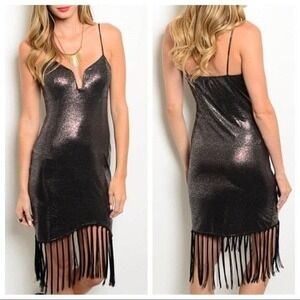 MED Manito Sparkling‎ Metallic Fringe Mini Dress Spaghetti Strap VNeck Party